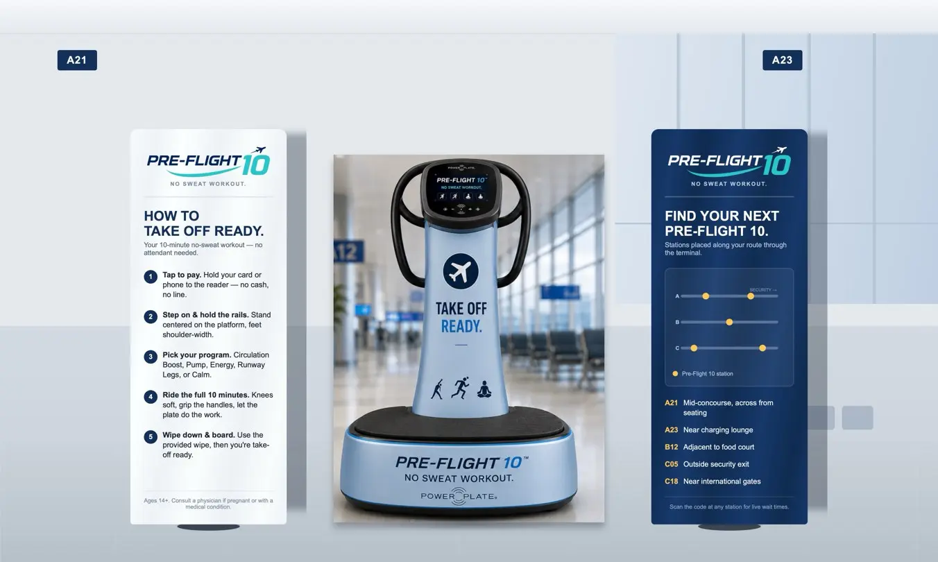 A Pre-Flight 10 station in an airport concourse, shown with optional banners: the Power Plate machine flanked by a How to Take Off Ready instruction banner on the left and a Find Your Next Pre-Flight 10 wayfinding banner on the right